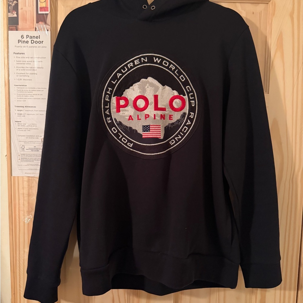 POLO RALPH LAUREN Men's Black Polo Med Alpine Racing Double Knit Pullover Hoodie